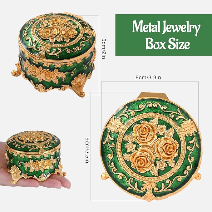Vintage Jewelry Box, Gold Round Treasure Ring Box, Metal Trinket Organizer Keepsake Box Gift for Girl Women, Green - Image 2