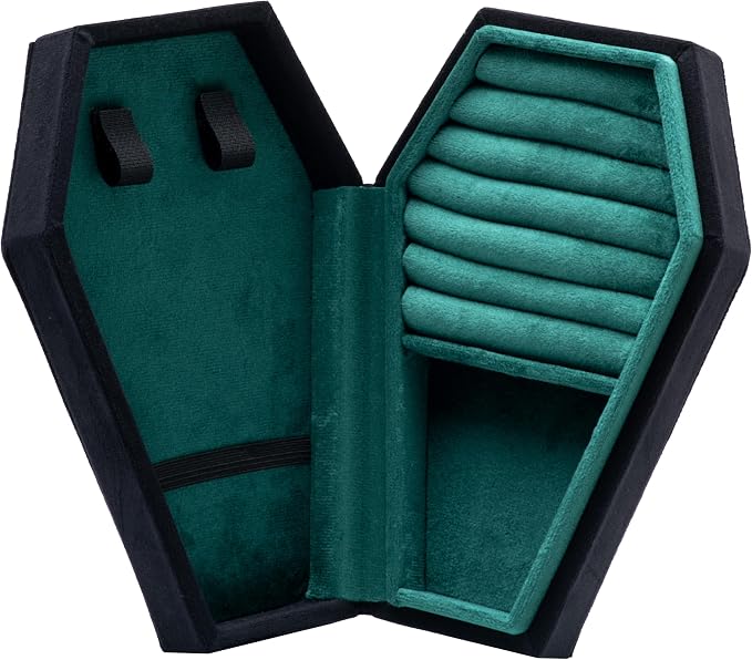 Velvet Coffin Jewelry Travel Case Holder for Gothic Wedding Ceremony Jewelry Organizer Decoration (Black and Green) - Image 2