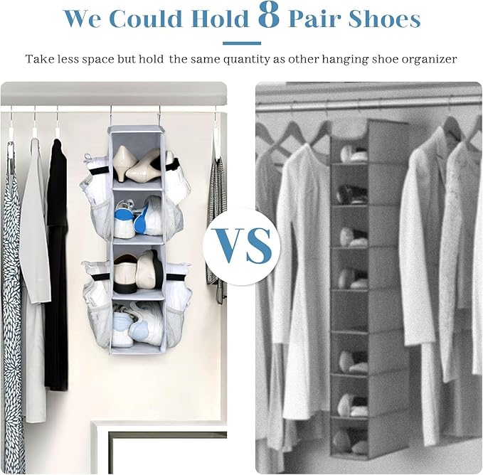 SLEEPING LAMB Short Hanging Shoe Organizer for Closet Storage with Mesh Side Pockets Holds 8 Pairs, Hanging Shoe Rack Hanger RV, Camper, Grey - Image 3