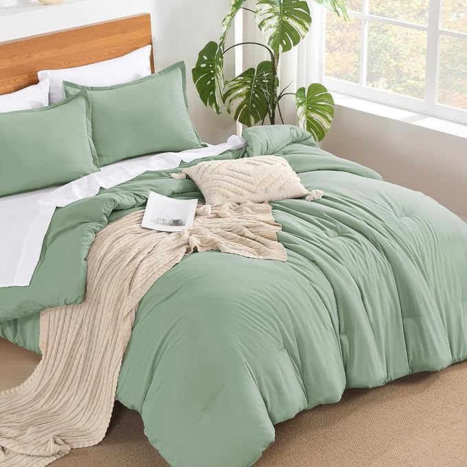 Andency Sage Green California King Comforter Set - 7 Pieces Bed in a Bag Cal King Bedding Comforter Sets, Summer Solid Soft Lightweight Comforter with Fitted Sheets, Flat Sheets, Pillowcases & Shams