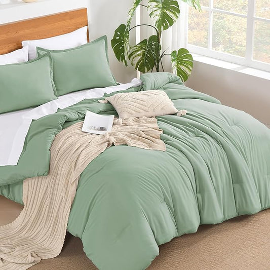Andency Sage Green California King Comforter Set - 7 Pieces Bed in a Bag Cal King Bedding Comforter Sets, Summer Solid Soft Lightweight Comforter with Fitted Sheets, Flat Sheets, Pillowcases & Shams