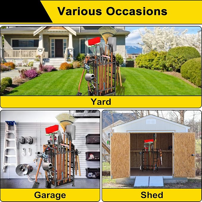 3 Tier Garden Tool Organizer, Garage Storage and Organization, Metal Yard Tools Storage up to 78 Tools, Heavy Duty Garden Tool Organizer for Garage, Yard, Patio, Shed, Indoors and Outdoors, Black - Image 8