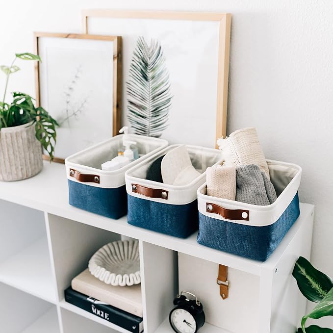 OrganiHaus Small Fabric Storage Baskets 3 Pack, 12x8in Cloth Storage Bins for Shelves, Small Baskets for Organizing Pantry Closet, Canvas Shelf Baskets, Navy Blue/Off-White - Image 4