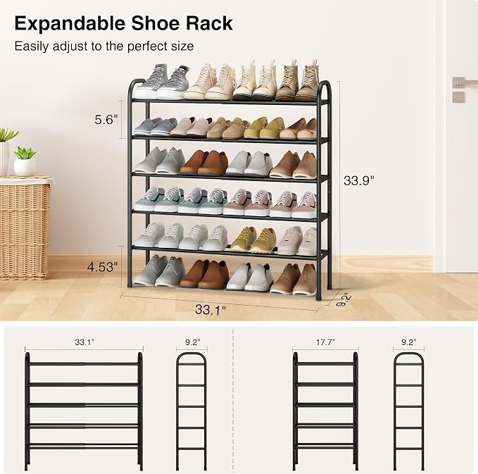 STO STO Expandable Shoe Rack, 5-Tier Metal Shoe Rack for Closet, Up to 24 Pairs Adjustable Shoe Rack Storage for Front Door Entrance, Free Standing Shoe Rack Organizer for Entryway, Black - Image 3