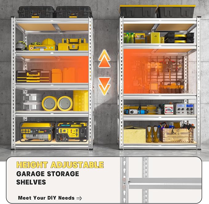 REIBII 2000LBS Storage Shelves 5 Tier Garage Shelving Heavy Duty Metal Shelving Adjustable Garage Shelves for Pantry Closet Kitchen Basement 28" W x 13.8" D x 59.8" H, Silver - Image 6