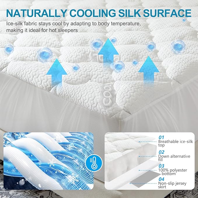 Mattress Topper Twin XL Size, Extra Thick Quilted Fitted Mattress Pad Cover, Cooling Breathable Silk Mattress Protector with Soft Down Alternative Filling (8-21" Deep Pocket)