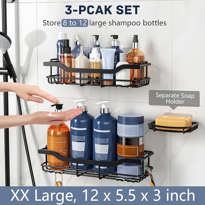 OMAIRA 3-Pack Shower Caddy with Soap Holder, Adhesive Rustproof No-drill Strudy Loading Inside Shower Organizer Shelves Rack Storage Bathroom Organization for Smooth Wall Glass Tile, Black (X-Large) - Image 4