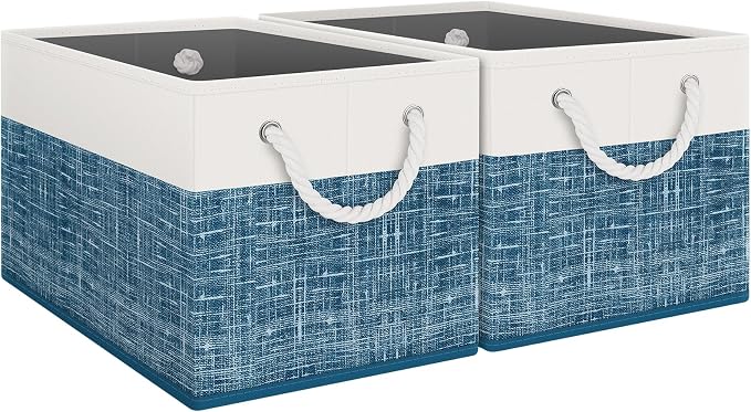 Fab totes Storage Bins [2-Pack], Foldable Storage Baskets for Organizing Toys, Books, Shelves, Closet, Large Storage Box with Rope Handles, Sturdy Organizer Bins, White & Blue by Fabtotes