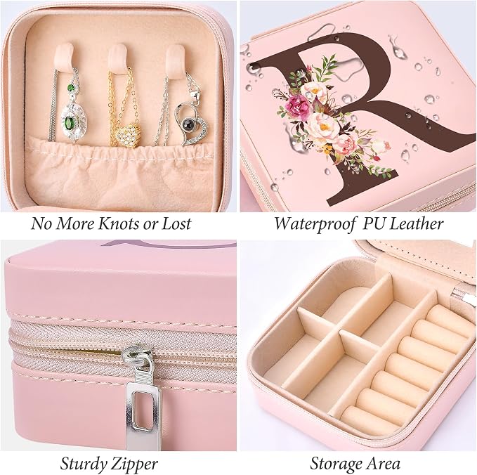 Inngeroo Small Travel Jewelry Case for Girls Women, Travel Jewelry Box Organizer Personalized Pink Gifts for Wife Mom, Gift for Friend Sister Grandma Aunt, Initial R - Image 3