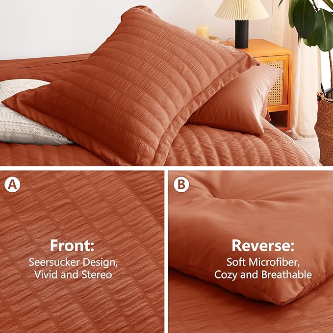 CozyLux Queen Comforter Set Burnt Orange Seersucker 7 Pieces Bed in a Bag Queen Comforter Set with Sheets, Terracotta Luxury Bedding Sets with Down Alternative Comforter, Sheets, Pillowcases & Shams