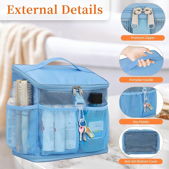 CUBETASTIC Shower Caddy Portable Mesh Shower Tote for Bathroom, Gym, Travel, Camping - Quick Dry Hanging Organizer Toiletry Bag with Handle for College Dorm Room, Men & Women (A# Blue, 9.8") - Image 3