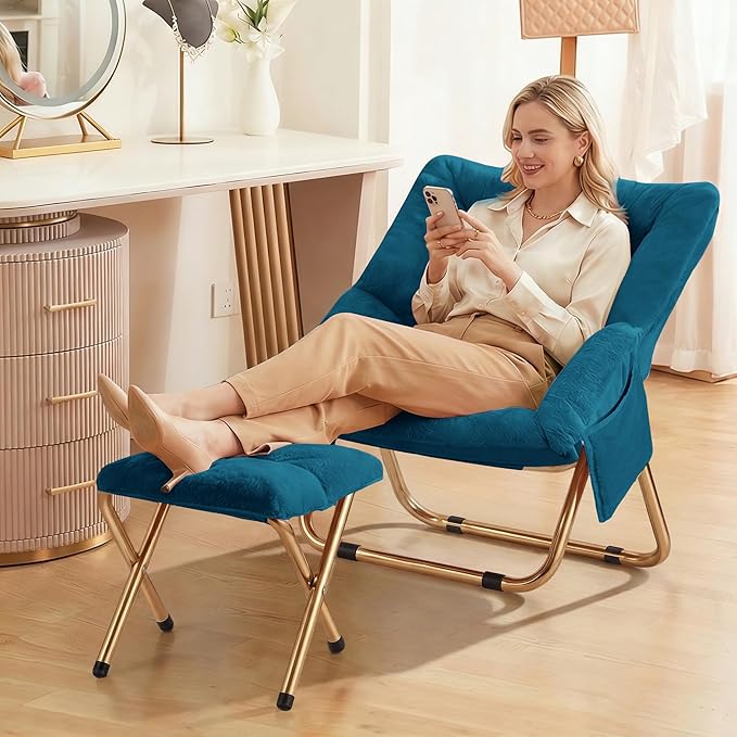 Kasunpul Comfy Saucer Chair, Foldable Living Room Chairs, Soft Faux Fur Lounge Chair for Bedroom, Reading Chairs for Adults, Teens, X-Large (Teal Blue)
