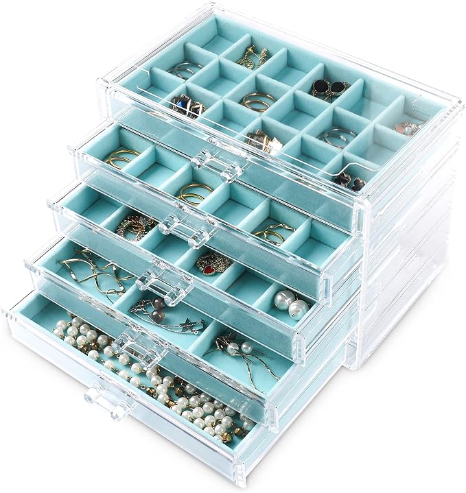 Frebeauty Acrylic Jewelry Organizer Earring Organizer Box with 5 Drawers Earring Holder Organizer with Velvet Trays Clear Jewelry Box for Women Earring Display for Rings Studs(Turquoise) by Frebeauty