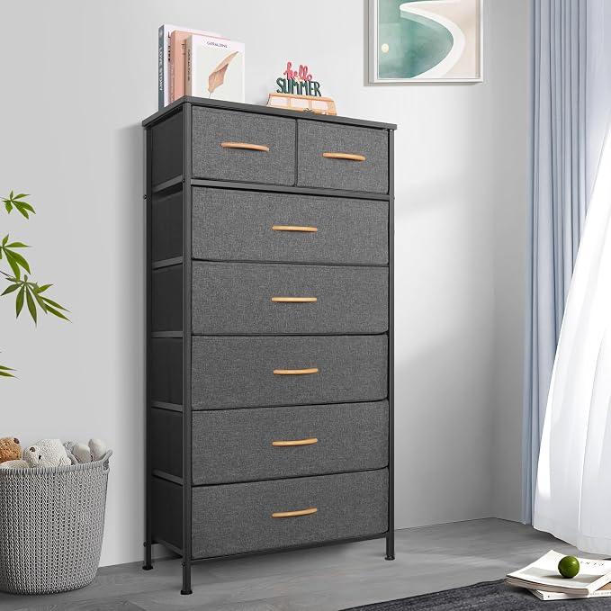 Mifuro Tall Dresser for Bedroom, Vertical Storage Organizer Tower with 7 Drawers, Chest of Drawers with Fabric Bins, Steel Frame, Wood Top for Bedroom, Closet, Entryway- Grey - Image 2