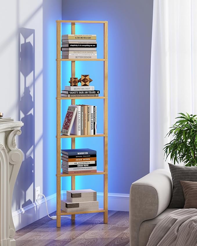 TUTOTAK Corner Shelf with LED Light, 6-Tier Corner Bookshelf for Small Space, Narrow Display Corner Shelf Stand with Storage Rack, for Living Room, Bedroom, Natural BS05BN006L - Image 8