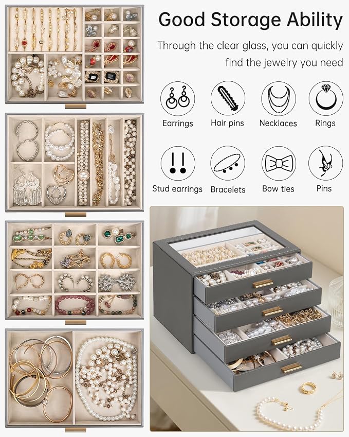 AKOZLIN Jewelry Box with Clear Lid Functional Leather Jewelry Storage Organizer Case 4 Drawers for Women Girls Necklace Ring Bracelet Earring DarkGrey - Image 4