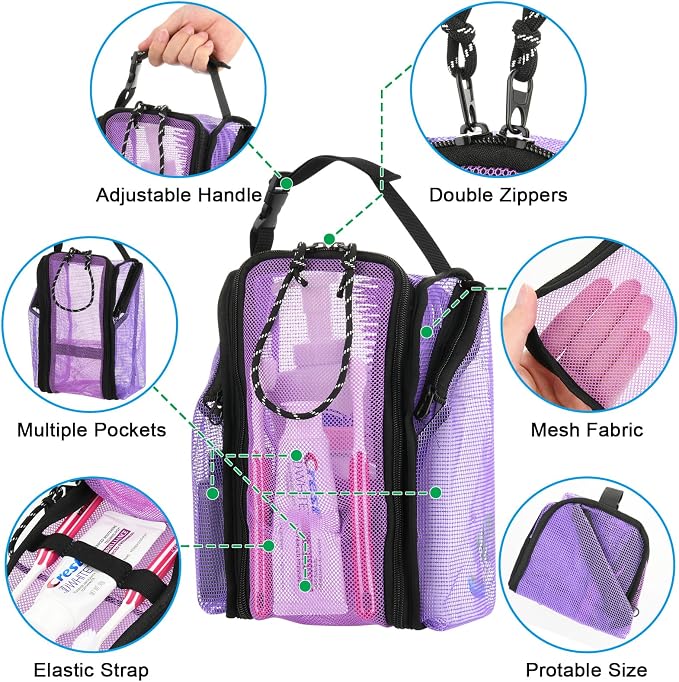 Cosmos Mesh Shower Caddy Toiletry Organizer Hanging Shower Tote Bag, Quick Dry Shower Organizer Portable Bath Bag with Durable Zippers & Side Pockets for Travel Gym Swimming Beach & Camp (Purple) - Image 4