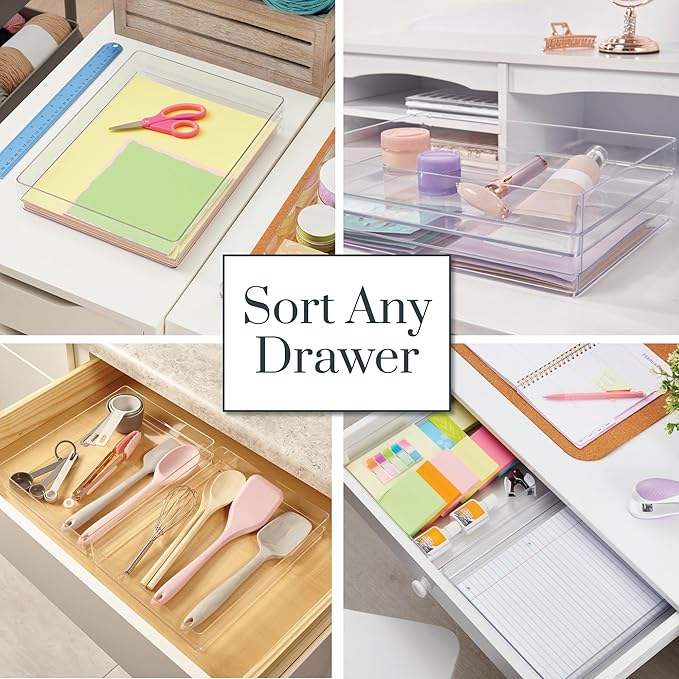 STORi SimpleSort 2-Piece Stackable Clear Drawer Organizer Set | 15" x 6" x 2" Rectangle Trays | Wide Makeup Vanity Storage Bins and Office Desk Drawer Dividers | Made in USA - Image 4