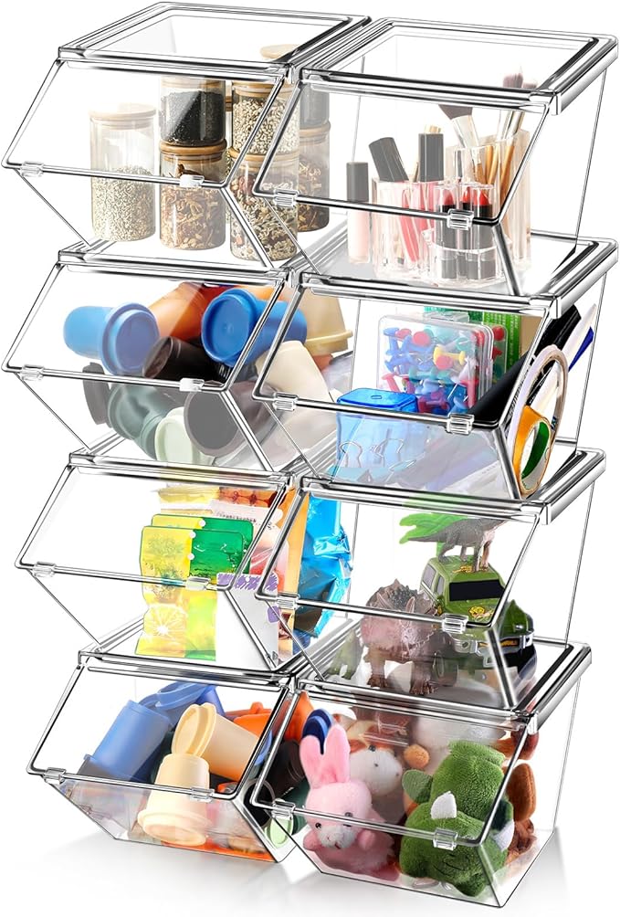 Yerliker 8 Pcs Clear Plastic Storage Bins with Lids Large Stackable Pantry Storage Organizer Bins Kitchen Organization Cabinet Organizers Ideal Containers for Fridge Kitchen abinets Bathroom