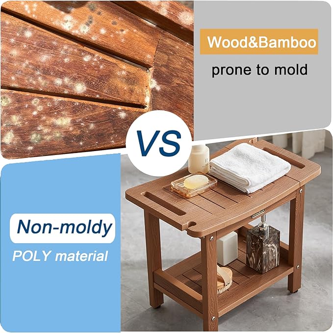 Poly Shower Stool for Inside Shower Waterproof, Shower Bench for Shaving Legs, Heavy Duty Plastic Bathroom Chair Seat with Handles & Adjustable Feet, Foot Rest, No Maintenance, Brown - Image 4