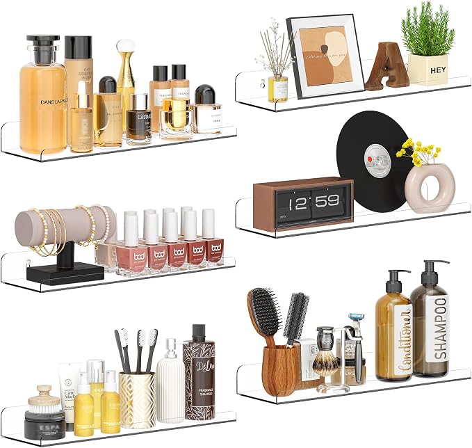 Qukaka Floating Shelves for Wall Decor, 15" Extra Clear Wall Shelves for Bedroom, Living Room, Kitchen, Bathroom Decor, Nail Polish/Book/Decoration/Makeup/Perfume Organizer Floating Shelf-6Pack by QukakaHomeCare