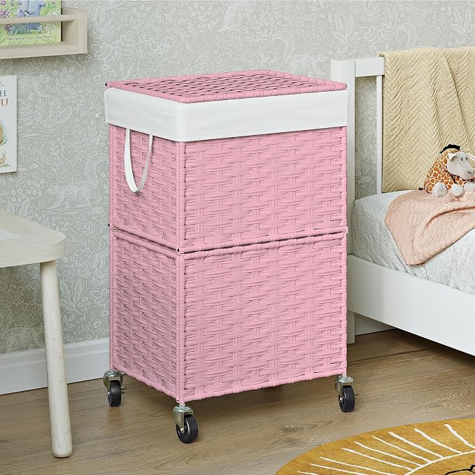 Chrislley 90L Slim Laundry Hamper with Wheels, Rolling Laundry Basket with Lid and Renovable Liner Bag, Handwoven Rattan Organizer for bedroom, bathroom, laundry room (Pink) - Image 4