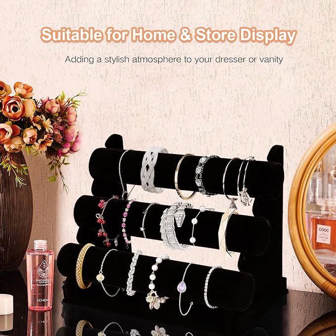 OSPNIEEK Velvet Bracelet Holder with 3 Tier Rack, Black Detachable Jewelry Display Stand T-Bar Necklace Storage Organizer for Bangles Watch Bracelets Scrunchies Organization Showcase - Image 3