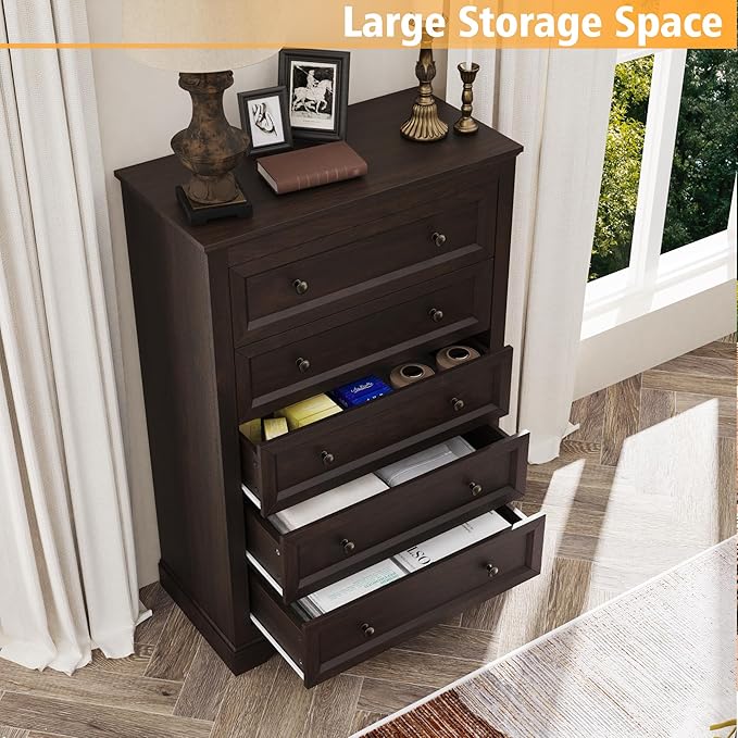 KIGOTY Farmhouse Bedroom Set, 3 Pcs Dresser and Nightstand Sets, 5 Drawer Dresser & 2 Drawer Nightstand Set with Charging Station,Rustic Wood Bedroom Furniture Set for Home,Brown