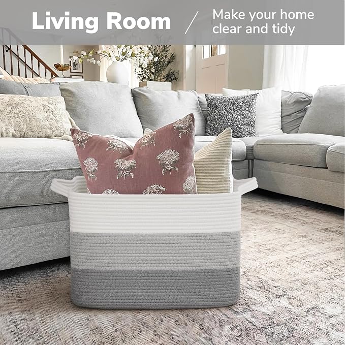 Goodpick Large Woven Basket, Rectangle Rope Storage Baskets for Organizing, Blanket Basket with Handles for Living Room, Nursery, Gradient Gray, 18 x 14 x 12 Inches - Image 2