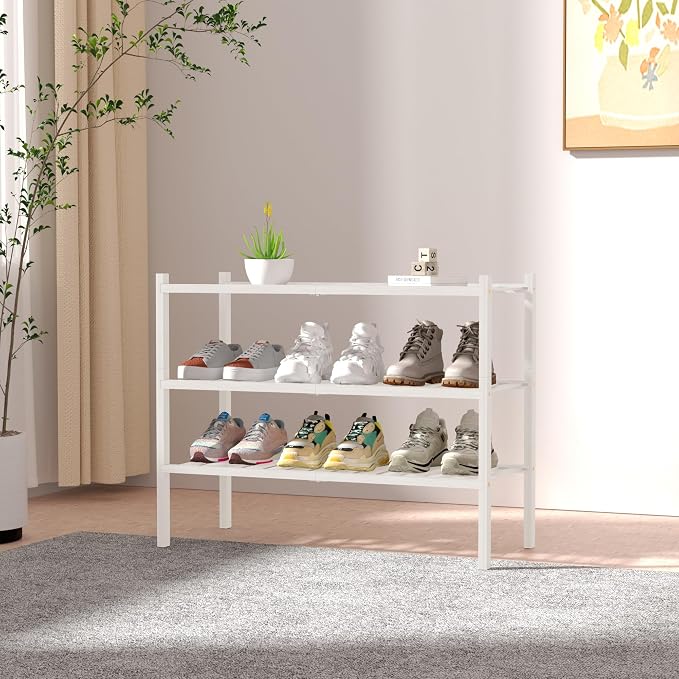 ROMGUAR CRAFT 3 Tier Bamboo Shoe Rack for Closet Free Standing Wood Shoe Shelf Storage Organizer for Entryway Small Space Stackable 27"x11"x20" (White) - Image 2