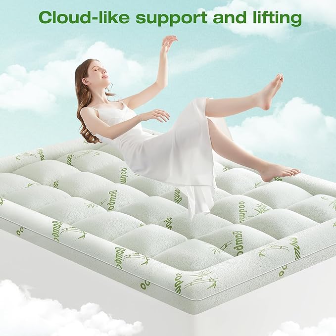 Mattress Topper Viscose Derived from Bamboo Twin XL Size, Soft Thick Pillow Top Mattress Pad Cover for Back Pain, Cooling Mattress Protector with 8-21 Inch Deep Pocket, White & Green