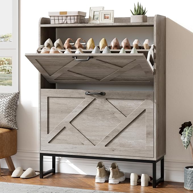 Nicetree Shoe Storage Cabinet with 2 Flip Drawers, Freestanding Shoe Organizer, Shoe Cabinet with Metal Legs, Narrow Shoe Rack Cabinet, Farmhouse Slim Shoe Cabinet for Entryway, Hallway, Rustic Gray by Nicetree
