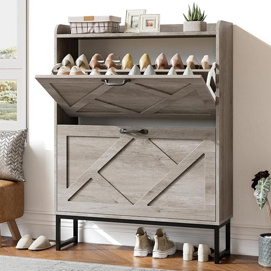 Nicetree Shoe Storage Cabinet with 2 Flip Drawers, Freestanding Shoe Organizer, Shoe Cabinet with Metal Legs, Narrow Shoe Rack Cabinet, Farmhouse Slim Shoe Cabinet for Entryway, Hallway, Rustic Gray by Nicetree