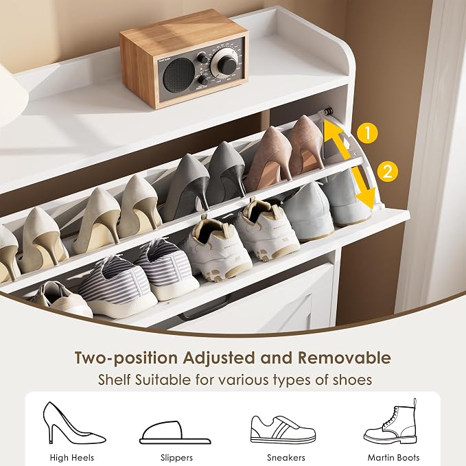 Nicetree Shoe Storage Cabinet with 2 Flip Drawers, Freestanding Shoe Organizer, Shoe Cabinet with Metal Legs, Narrow Shoe Rack Cabinet, Farmhouse Slim Shoe Cabinet for Entryway, Foyer, Hallway, White - Image 7