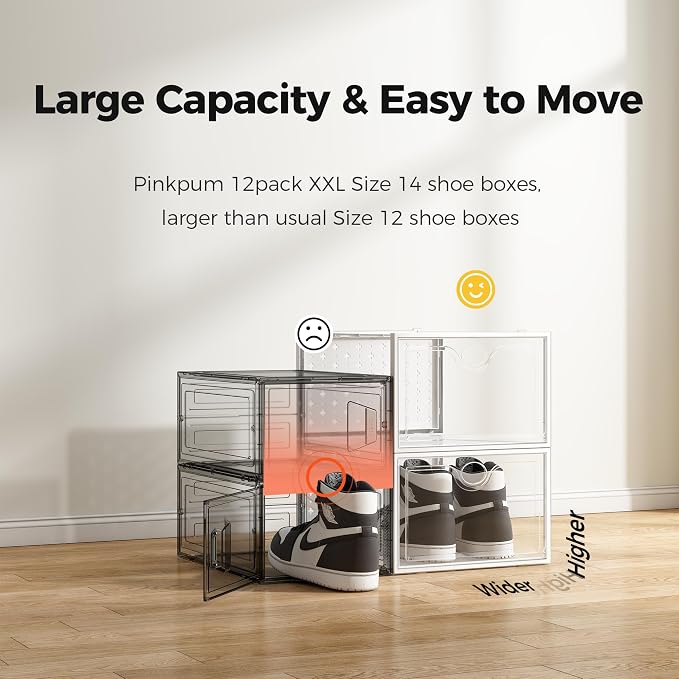 Pinkpum XXL Larger Shoe Storage Boxes Fit Size 14, Clear Plastic Stackable Shoe Organizer 12 Pack Sneaker Storage for Sneakerheads Shoe Containers - Image 4