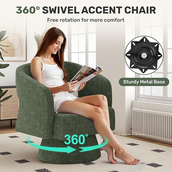 Nebuaegis Swivel Accent Chair Set of 4, Modern Comfy Chenille Barrel Chairs, Oversized Upholstered Round Arm Chair for Living Room, Bedroom, Reading Room, Green