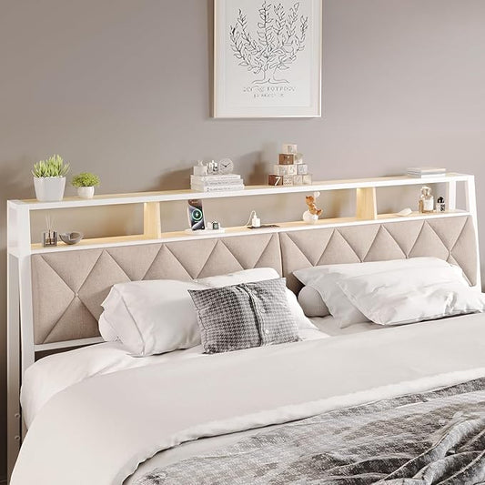 Full Headboard Only, Headboard for Full Size Bed with Storage, Upholstered Headboards with LED Lights & Charging Station, Attach Frame, Ideal for Bedroom/Dorm/Guest Room, White & Beige