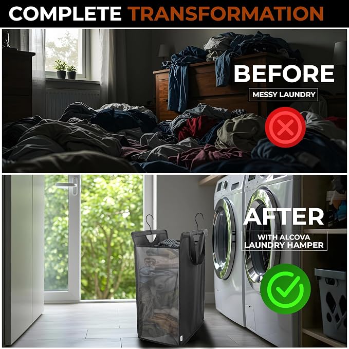 ALCOVA 2 Pack Hanging Laundry Hamper, Space-Saving Mesh Hanging Laundry Bag with Dual Handles & Sturdy Hooks, Portable Hanging Hamper for Family, College Students, Small Closet Solutions - Image 2