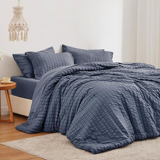 Love's cabin Seersucker Navy Blue Full Comforter Set, 7-Piece All Season Lightweight Bed in a Bag Bedding Set with Comforter, Flat Sheet, Fitted Sheet, Pillowcases and Shams | Soft, Breathable, Lightweight