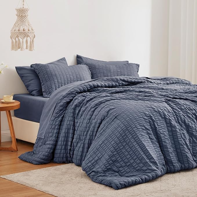Love's cabin Seersucker Navy Blue Queen Comforter Set, 7-Piece All Season Lightweight Bed in a Bag Bedding Set with Comforter, Flat Sheet, Fitted Sheet, Pillowcases and Shams | Soft, Breathable, Lightweight