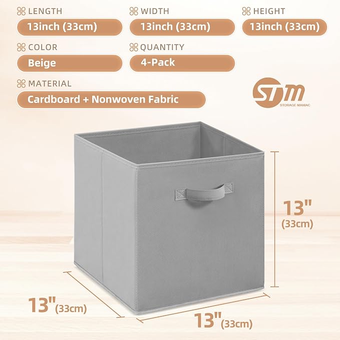 STORAGE MANIAC Storage Cubes, 13 Inch Collapsible Storage Bins with Handles, 4 Pack Fabric Foldable Bins for Organization, Durable Storage Bins for Closet, Shelves, Offices, Toys, 4-Pack Grey - Image 4