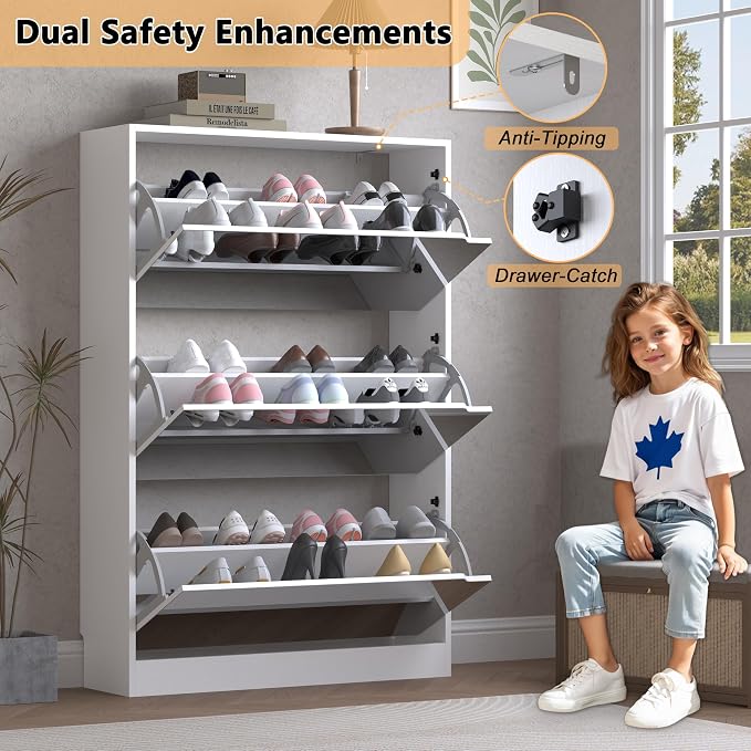 BORNOON Shoe Cabinet with 3-Flip Mirror Drawers, Freestanding Shoe Rack Organizer with Hidden Handle, Slim Narrow Shoe Storage Cabinet for Entryway, Entrance, Hallway, Bedroom - Image 6