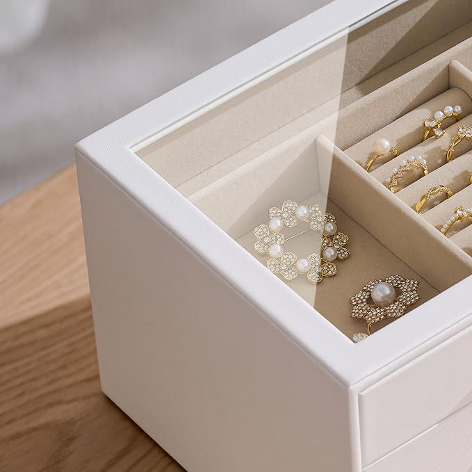 pickpiff Jewelry Box Organizer Case for Women: 3-Layer Jewelry Storage Case with Glass Window, Pure White Leather with Velvet Holder for Ring Necklace Bracelet Brooch Watch, Great Gift for Her - Image 3