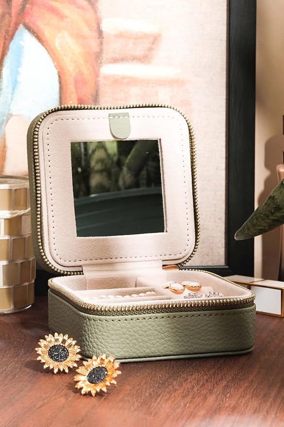 S.Leaf Travel Jewelry Organizer Boxes for Women Small Portable Necklace Earrings Bracelet Rings Travel Case Best Friend Birthday Gifts for Women Trendy (01_Lychee_Sage_Green) - Image 6