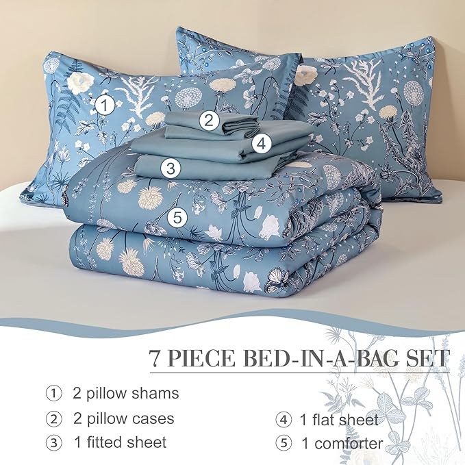 Yiran Blue Comforter Set King Size, 7 Piece Floral Comforter Bedding Set, Botanical Farmhouse Bed in a Bag, Soft Microfiber Complete Bedding Set with Sheets for All Season