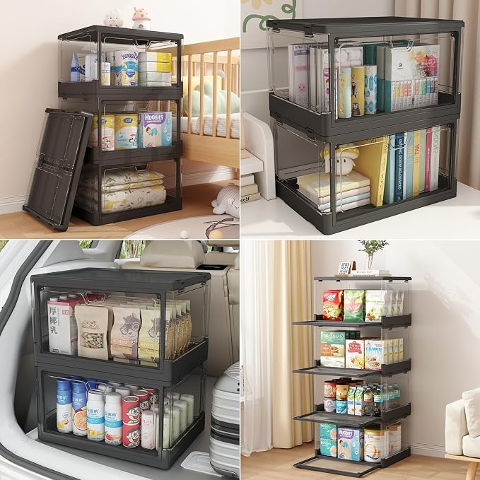HYBRIDEAS 3-Pack Clear Stackable Storage Bins with Lids Magnetic Doors Open Front Foldable Folding Plastic Craft Containers Large Closet Organizers Box for Bedrooms Living Rooms Study 24 QT - Image 5