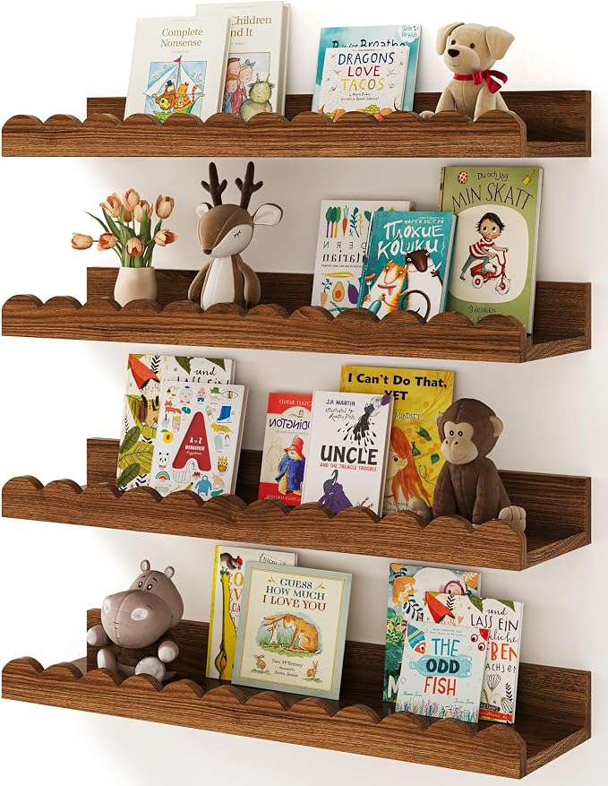 Shario Nursery Book Shelves, 4-Pack Walnut Brown,Floating Shelves for Wall Kids, Scalloped Shelves, Wall Book Shelves for Bedroom Kids, Toddler Room, Baby Room, Nursery Decor by Shario