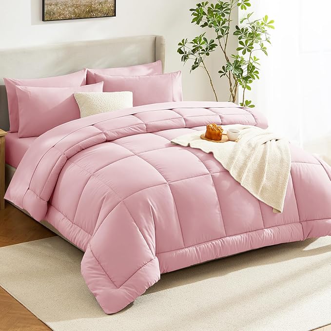 CozyLux King Size Comforter Set Pink, 7 Pieces Bed in a Bag, Pink Comforter King Size, All Season Bedding Sets with Stitch Quilted Comforter, Flat Sheet, Fitted Sheet, Pillowcases