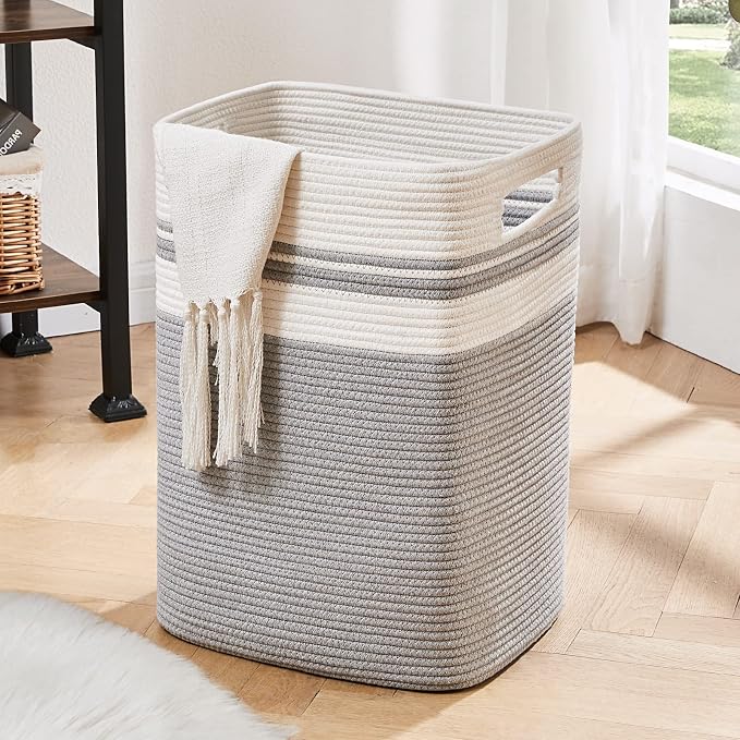 OIAHOMY Laundry Hamper, Tall Cotton Decorative Blanket Storage Basket with Handles for Living room,Collapsible Large Baskets for Toys,Pillows,Clothes Organizer-16x13x22in-Gray by MasterofSpaceOptimization