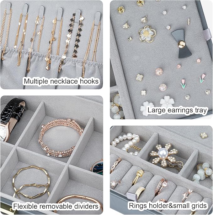 Travel Jewelry Case Large Jewelry Box Jewelry Travel Organizer Jewelry Case with Handle Removable Tray Best Gift for Women Girls (Grey) - Image 3